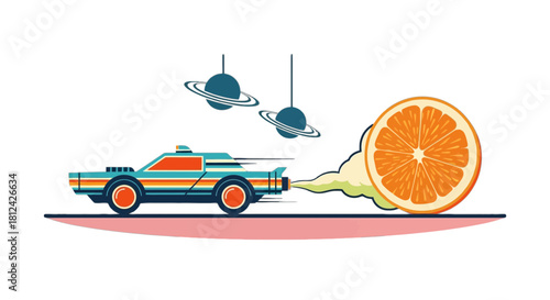 Retro futuristic car with exhaust smoke shaped like a giant orange slice, isolated on