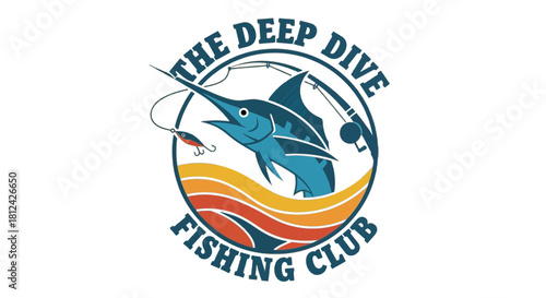 Vintage style circular logo design for the deep dive fishing club featuring a marlin jumping out of the water with fishing rod and lure, isolated on