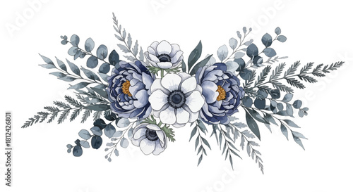 Watercolor floral arrangement with dusty blue and white anemone and peony flowers and eucalyptus foliage, isolated on