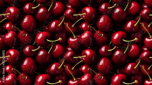 Seamless Pattern of Glossy Fresh Cherries with Water Droplets, Vibrant Red Fruit Background for Beverage and Dessert Packaging