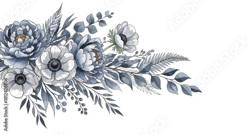 Elegant watercolor floral arrangement featuring dusty blue anemone and peony flowers with delicate foliage isolated on