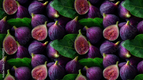 Seamless Pattern of Fresh Figs with Green Leaves, Whole and Halved Purple Fruits for Gourmet Food, Wellness and Mediterranean Diet Concepts