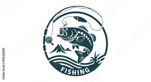 Circular logo design featuring a bass fish jumping out of water with mountains and fishing rod, isolated on