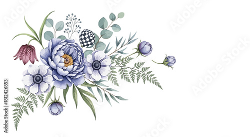 Watercolor floral bouquet arrangement with blue peony, anemone, and eucalyptus leaves isolated on