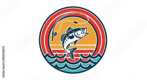 Retro circular logo design featuring a jumping fish being caught by a fishing rod against a sunset and wave background, isolated on