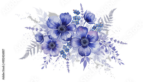 Beautiful watercolor bouquet of delicate blue and purple anemone flower with fern leaf element isolated on