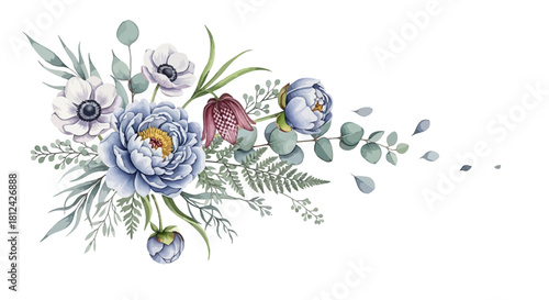 Delicate watercolor floral arrangement with light blue peony, white anemone, and soft green foliage isolated on