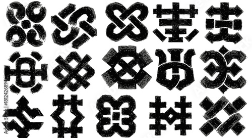 Collection of fifteen traditional japanese knot patterns, or musubi, in black ink texture isolated on