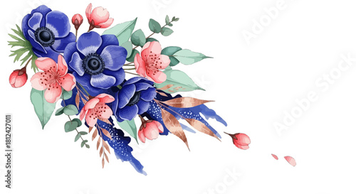 Watercolor bouquet of deep blue anemone flower and delicate pink blossom with green leaf isolated on