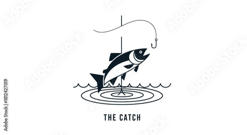 Minimalist black and white line art illustration of a fish being caught on a hook with ripples in the water below, isolated on