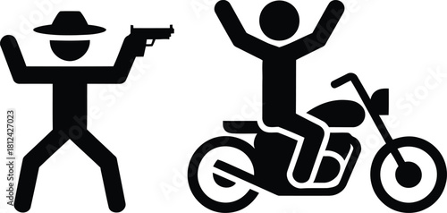 Thief with gun threatens motorcyclist, crime and danger icon