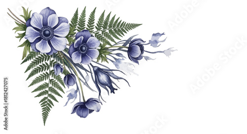 Elegant corner arrangement of delicate blue anemone flowers and detailed green fern leaves, isolated on for design use