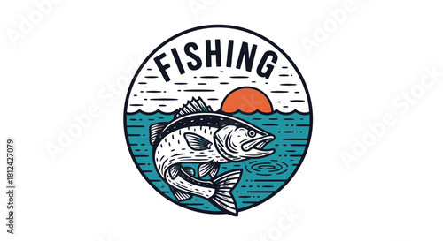 Vintage style circular emblem or badge design featuring a jumping fish illustration with water and a setting sun, perfect for fishing theme