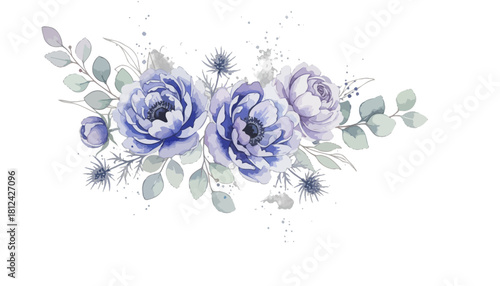 Beautiful watercolor bouquet of delicate blue and lavender roses with soft green eucalyptus leaves, isolated on