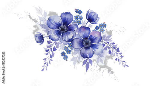 Beautiful watercolor illustration of delicate blue anemone flowers with leaves and small blue filler flowers isolated on