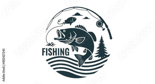 Vintage style circular emblem or badge design featuring a largemouth bass jumping out of water with fishing rod and pine tree, isolated on