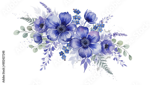 Beautiful watercolor bouquet of delicate blue and purple anemone flowers with lavender and greenery, isolated on