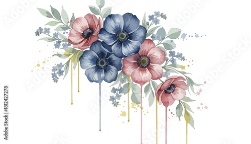 Beautiful watercolor bouquet of pink and blue anemone flowers with delicate green foliage, isolated on