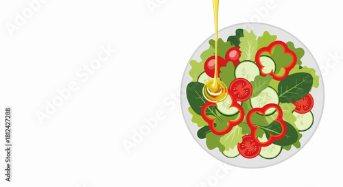 Healthy salad with fresh vegetables and olive oil, served on glass plate for balanced nutrition. Fresh salad includes healthy diet ingredients and ripe tomatoes.
