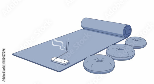 Relaxing yoga studio with rolled mat, cushions, and burning incense creating peaceful atmosphere. Yoga studio setup for peaceful meditation session.