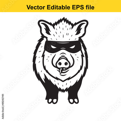 Black and white vector illustration of a wild boar wearing a bandit mask, isolated on
