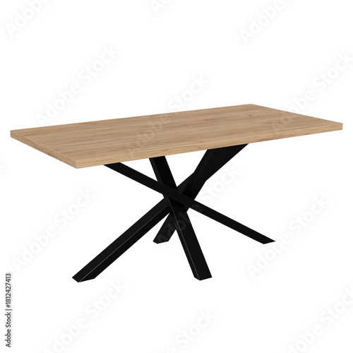 Contemporary dining table in loft style with black metal frame and wooden tabletop. Minimalist kitchen or dining room furniture on white background.