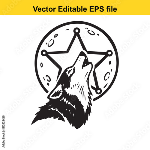 Black and white vector illustration of a howling wolf head superimposed over a sheriff star badge inside a full moon, isolated on