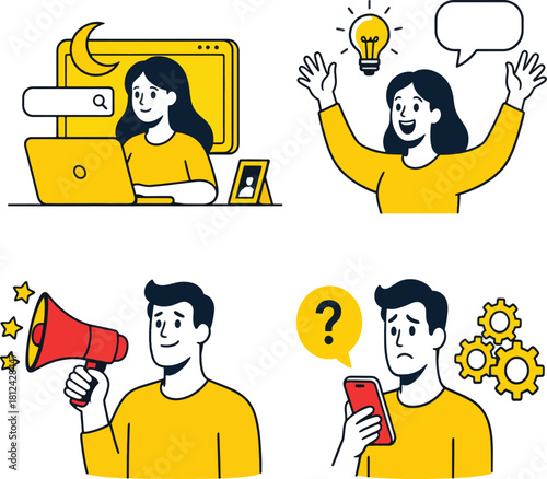 Four business scenarios with communication, idea, question, and announcement