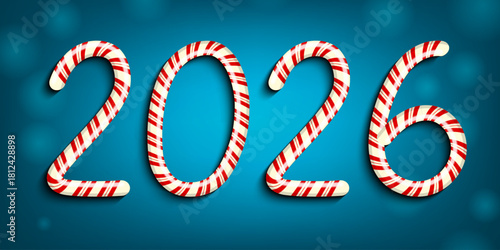 Merry Christmas and Happy New Year with 2026 in red and white swirl candy style. Vector illustration