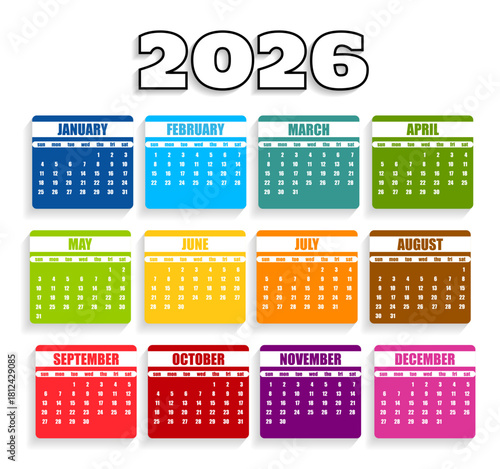 Colorful 2026 calendar vector template