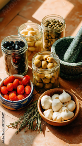 Mediterranean cooking ingredients in bright sunlight. Vertical still life with olives, garlic, tomatoes, capers, and herbs. Healthy Italian food preparation concept