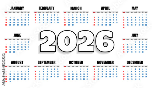 Calendar 2026 template with all months on white background