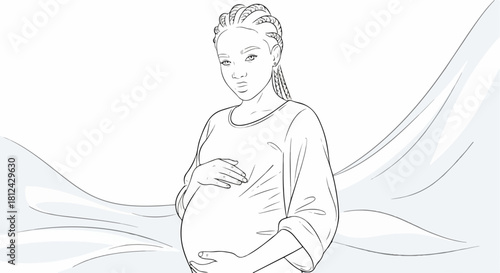 Outline of a pregnant woman, showing embrace of belly. Outline captures pregnant woman tenderness, with soft lines around her form and stomach.