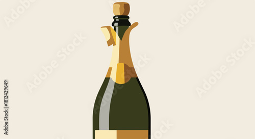 Champagne bottle vector showcases an elegant bottle of sparkling wine with golden foil wrapping its neck, and a cork sticking out, indicating celebratory mood.