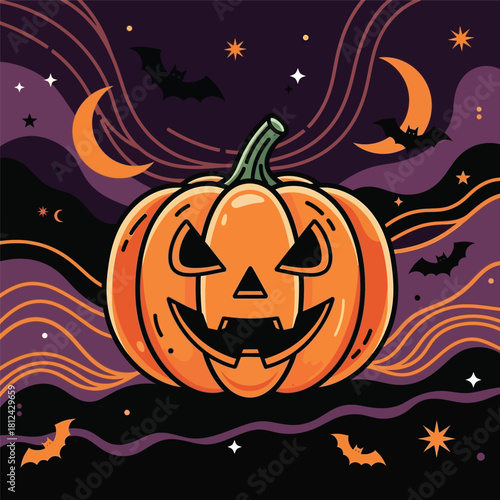 Clean line art pumpkin with abstract spooky background, ideal for Halloween graphics. Vector Illustration.