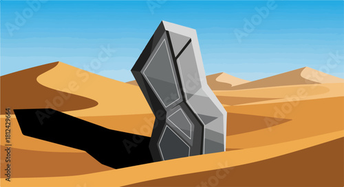 Sand dunes landscape with monolith stone stands tall against the sky, creating dramatic scenery. Desert sand dunes landscape offers stark contrast and natural beauty.