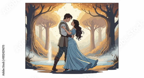 Romantic couple in forest setting under trees, showing embrace. Romantic couple with soft lighting under trees creating tranquil scene, enhanced by mist and waterfall, evoking love.