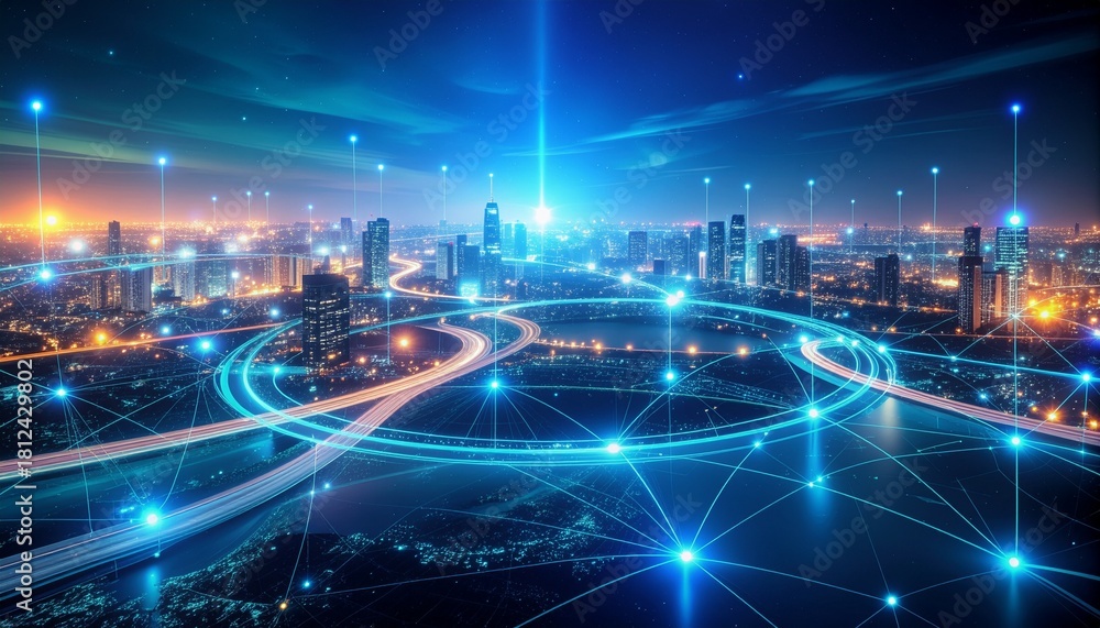 Obraz premium Futuristic cityscape glows with interconnected network, visualizing digital transformation and global data flow for innovative tech and business concepts