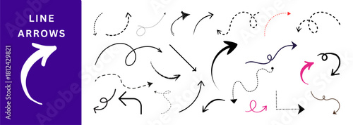 Hand drawn arrow set, doodle line arrows pack, curly curved dashed arrows, scribble direction pointers, infographic elements, vector PNG