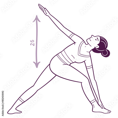Illustration of a woman in triangle pose with arm extended and measurement indicating length of the pose