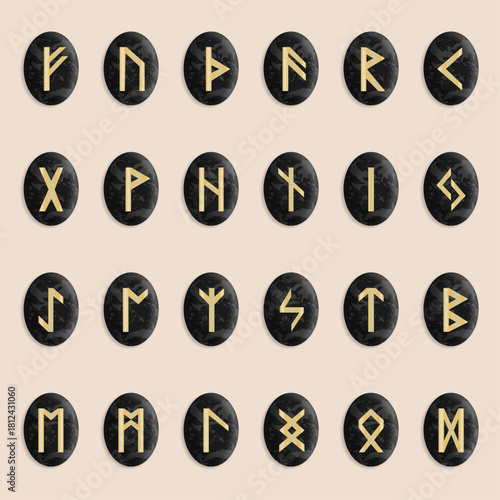 Runic alphabet vector set with golden Elder Futhark symbols on black stones. Perfect for branding, design, esoteric and mystic projects.
