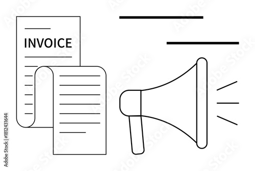 Invoice document alongside a megaphone emitting sound waves. Ideal for finance, billing, business communication, accounting, advertising, notifications, announcements. Clean simple flat metaphor