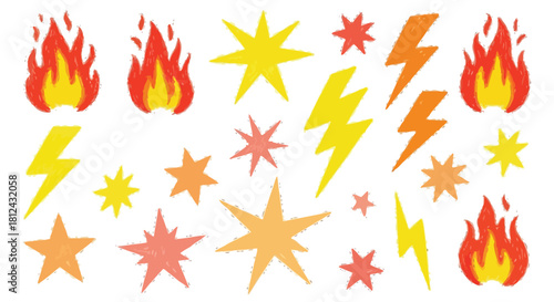 Hand drawn fire flames lightning bolts and starbursts in yellow and orange