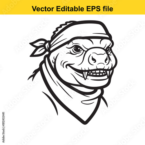 Black and white line art vector illustration of a fierce dinosaur or reptile head wearing a bandana and scarf, isolated on