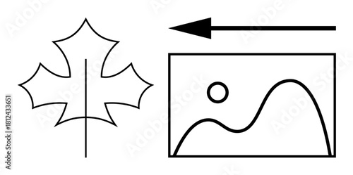 Nature concept. Nature through minimalist line art combining a maple leaf, arrow, and landscape motif. Nature inspired design for educational, artistic, and cultural contexts. environmental