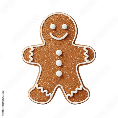 Textured Gingerbread Man Cookie with Sugar Sprinkles and White Icing Isolated on Transparent Background