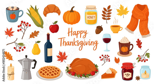 Festive thanksgiving food and drink collection with fall foliage and decorations