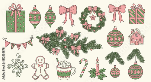 Hand drawn christmas collection ornaments gifts wreath and holiday treats