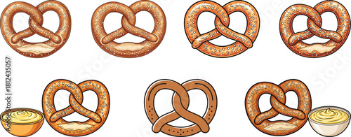 Soft Pretzel Vector Illustrations Set with Salt and Butter