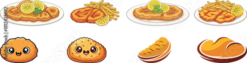 Schnitzel and Fried Food Vector Illustrations Set